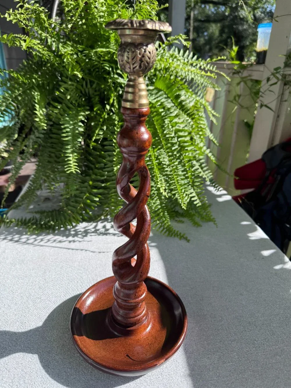 Vintage 15 Inch Wooden Open Barley Twist Candlestick Holder with Brass Sconce